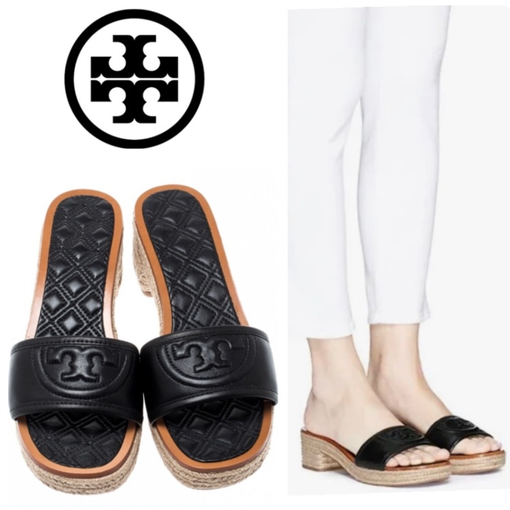 Tory Burch Black Leather Espadrille Slide Sandals